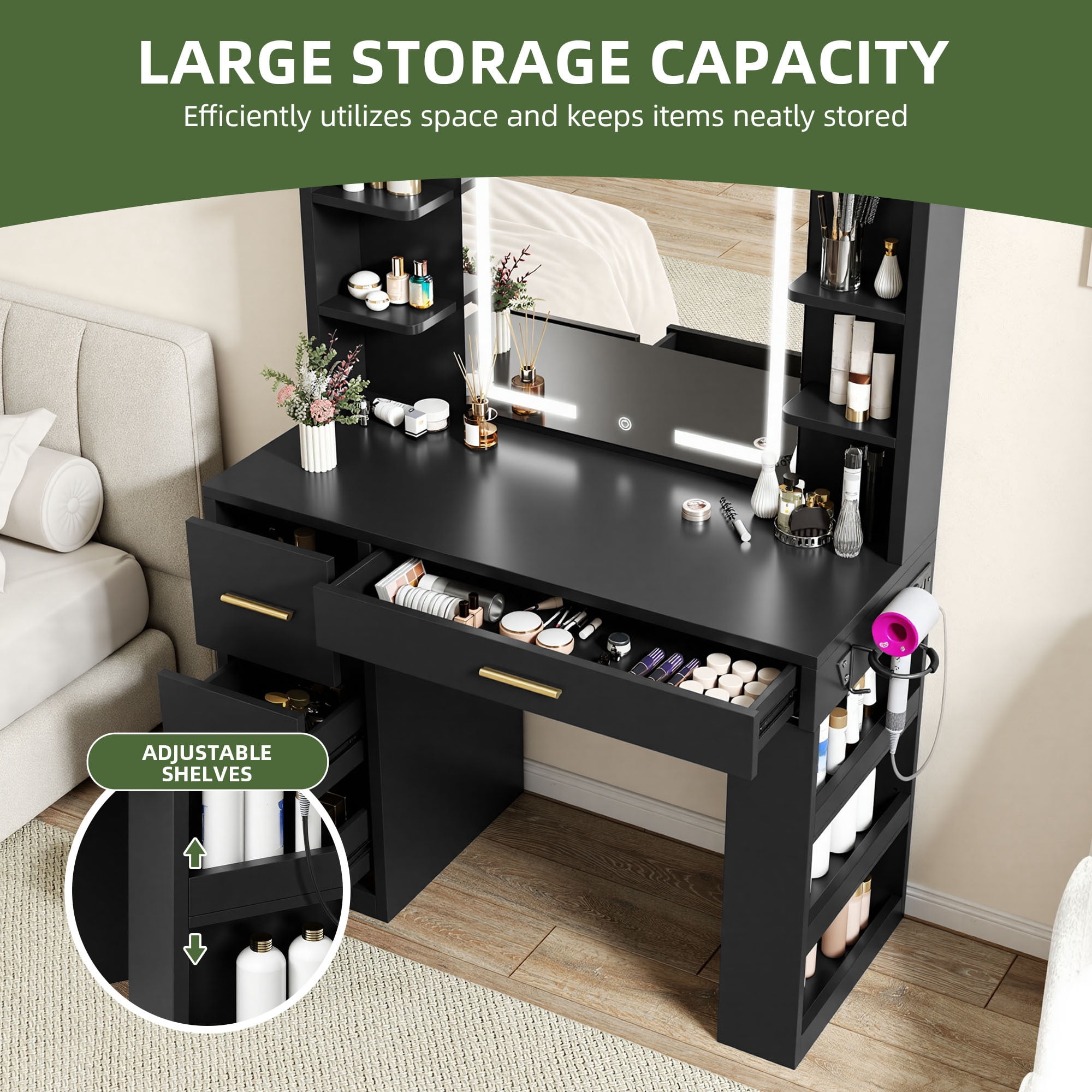 Uforic 40" Black Makeup Vanity Desk with 3-Color LED Mirror, 4 Drawers, 7 Open Shelves, Power Outlets, Hair Dryer Holder & Anti-Tip Safety for Adults