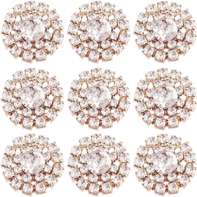 30 botones de diamantes de imitación de 19 mm con forma de flor en color oro claro y base plana.
