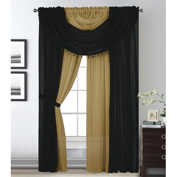 Sapphire Home Complete Window Sheer Two Tone Curtain Panel Set w/Valance and Tiebacks - Multicolor Curtains for Bedroom and Living Room, 4-Piece Set Window Curtain Panels, 84 inches, Black and Gold