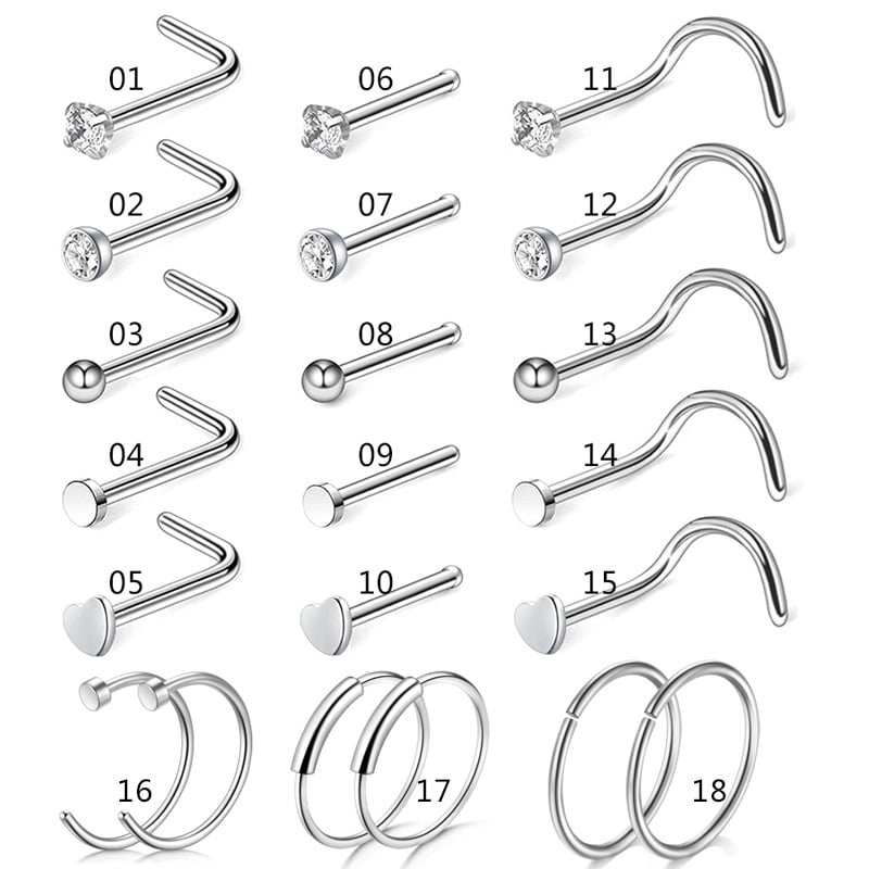 VONTER 21 PCS Nose Ring Studs, Nose Piercing Jewelry Set, Steel Nose ...