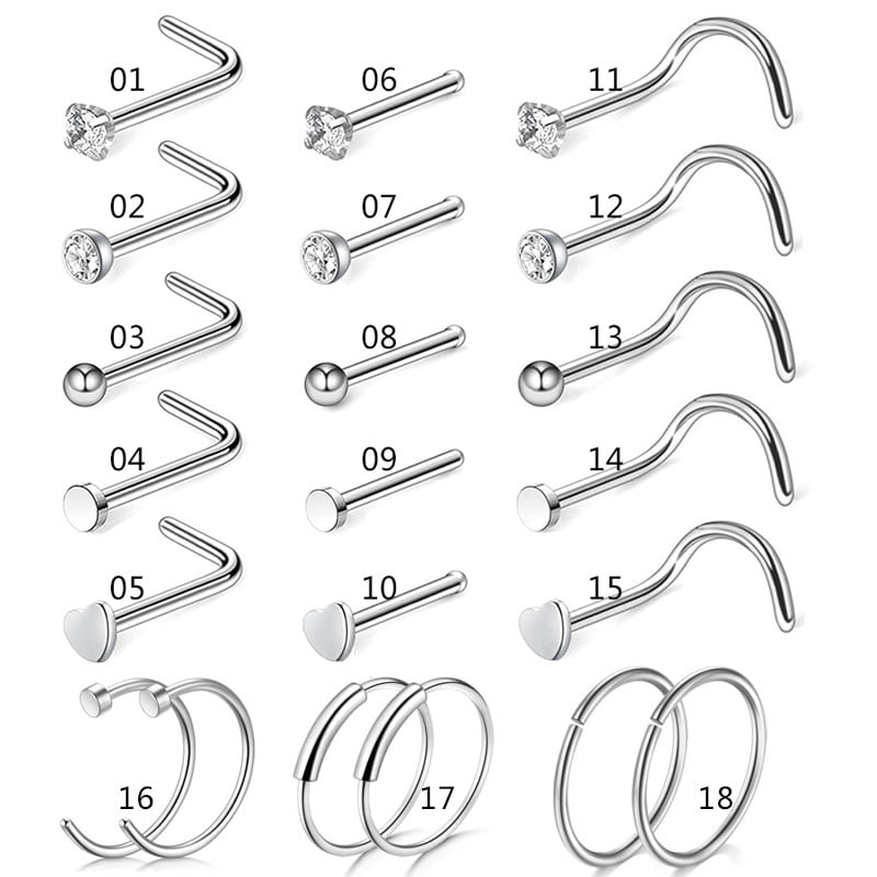 VONTER 21 PCS Nose Ring Studs, Nose Piercing Jewelry Set, Steel Nose