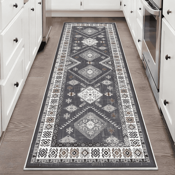 TECHVIDA 2x6 ft Runner Rug,Vintage Runner Rugs for Hallway,Non Slip Entryway Mat with Rubber Backing, Machine Washable, Bedroom, Kitchen and Corridor Entryway Floor Carpet, Dark Grey