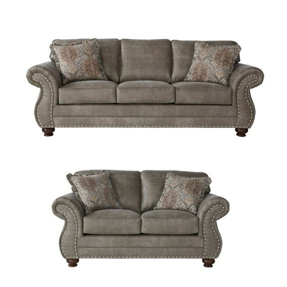 Roundhill Furniture Leinster Faux Leather Upholstered Nailhead Sofa and Loveseat Set in Stone Gray
