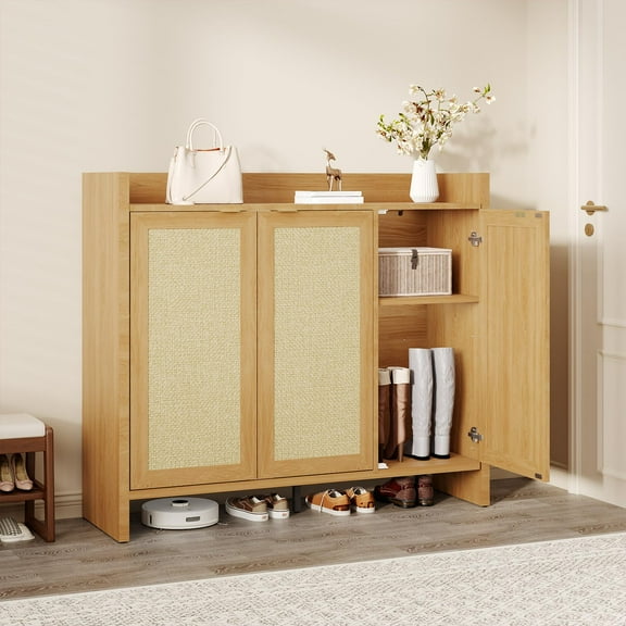41" Rattan Shoe Storage Cabinet - Farmhouse Entryway Organizer with Doors & Adjustable Shelves for Hallway, Living Room