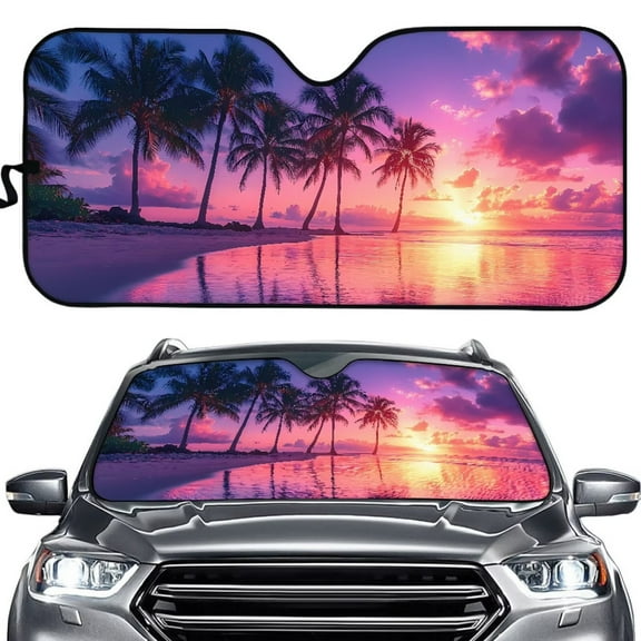Uorisanigo Sunset Beach Palm Tree Windshield Sun Shade Folding Windshield Sun Shade Interior Decor Car Sun Shade for Front Window Sun Protection Block UV Keep Cool Fit Vehicle Sedans