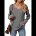 thumbnail image 3 of Camisetas de Rayas de Larga para Mujer, Camisetas Informales con Cuello en V y Botones para Otoño, Blusas Modernas. y Negro L, 3 of 9