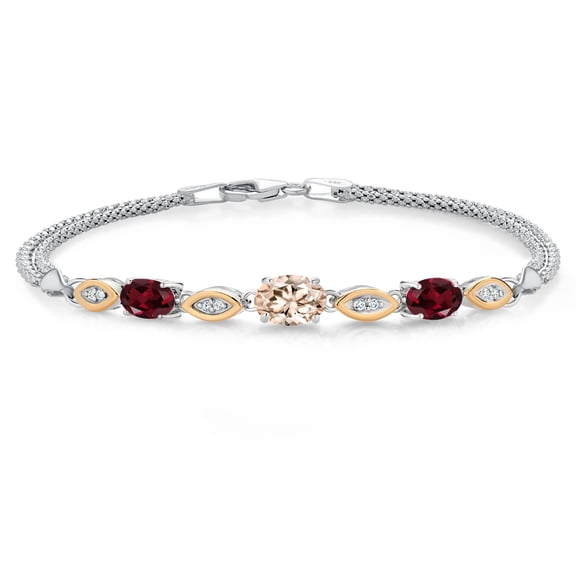 925 Silver and 10K Yellow Gold Peach Morganite and Red Rhodolite Garnet and White Lab Grown Diamond Bracelet for Women (1.71 Cttw, Gemstone October Birthstone, Oval, Wheat Chain, 7 inches)