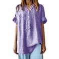 thumbnail image 5 of Women's Plus Size Cotton Linen Tunic, V Neck Half Button Down Casual Blouse, 3/4 Sleeve Relaxed Fit Top for Daily Wear, Work, Dating and Versatile Outfits Purple S, 5 of 5