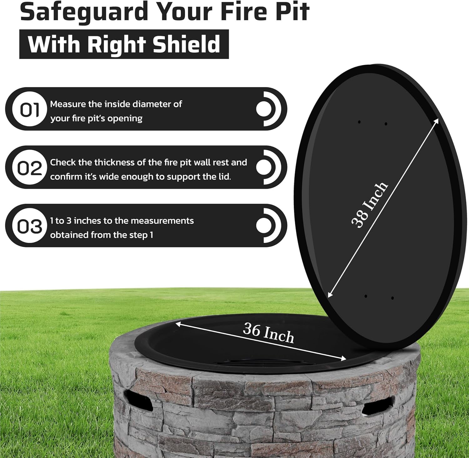 FEBTECH Fire Pit Shield 38 Inch - 16 Gauge Heat Resistant Coated Carbon Steel - Compatible with Fire Pits Inside Diameter Up to 36"