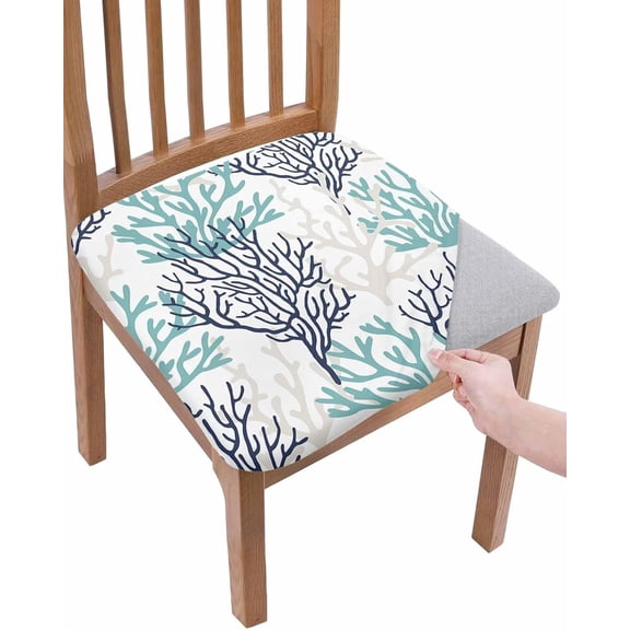 Teal Blue Grey Coral Coastal Seat Covers for Dining Chairs, Summer Beach Stretch Kitchen Chair Slipcovers, Seaside Nautical Dining Room Chair Covers Removable Chair Cover Protector Set of 4