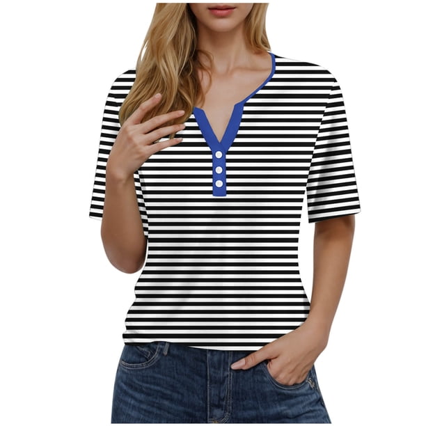 Camiseta de Manga Corta para las Mujeres con Cuello en V de Impresión de Rayas con Botón, Blusa Casual para el Hogar Y Diario