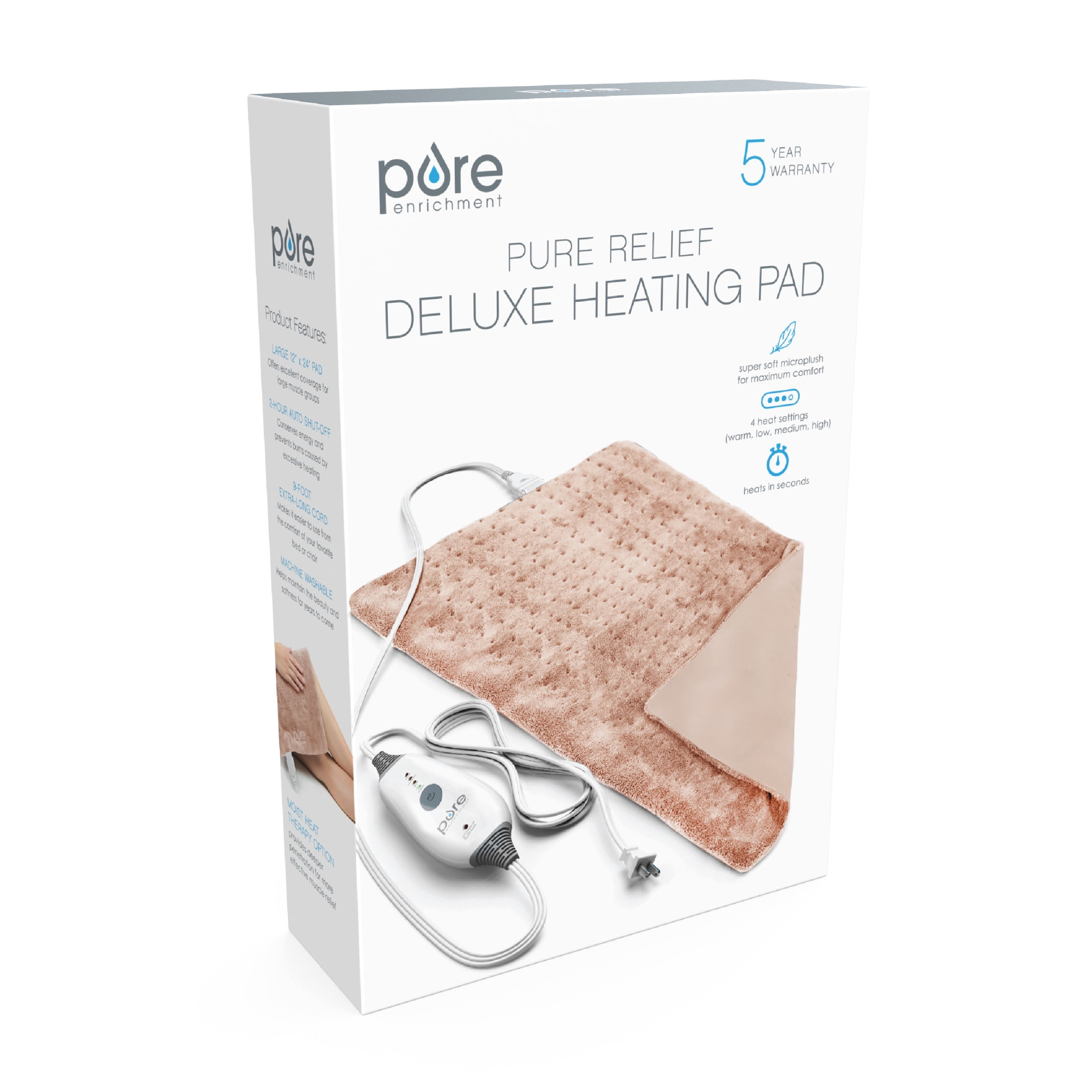 Pure Enrichment Deluxe Electric Heating Pad, Full Body Therapy, 4 InstaHeat Settings, Machine-Washable, 24x12"