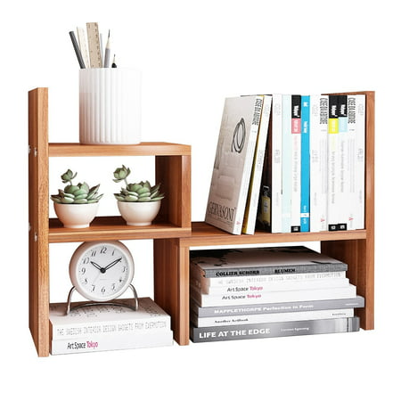 DL furniture - Desktop Organizer Office Storage Rack Adjustable Wood Display Shelf | Books - Toys - Plants - Home Decor Organizer | Free Standing 2-Piece Display Rack | Natural Wood