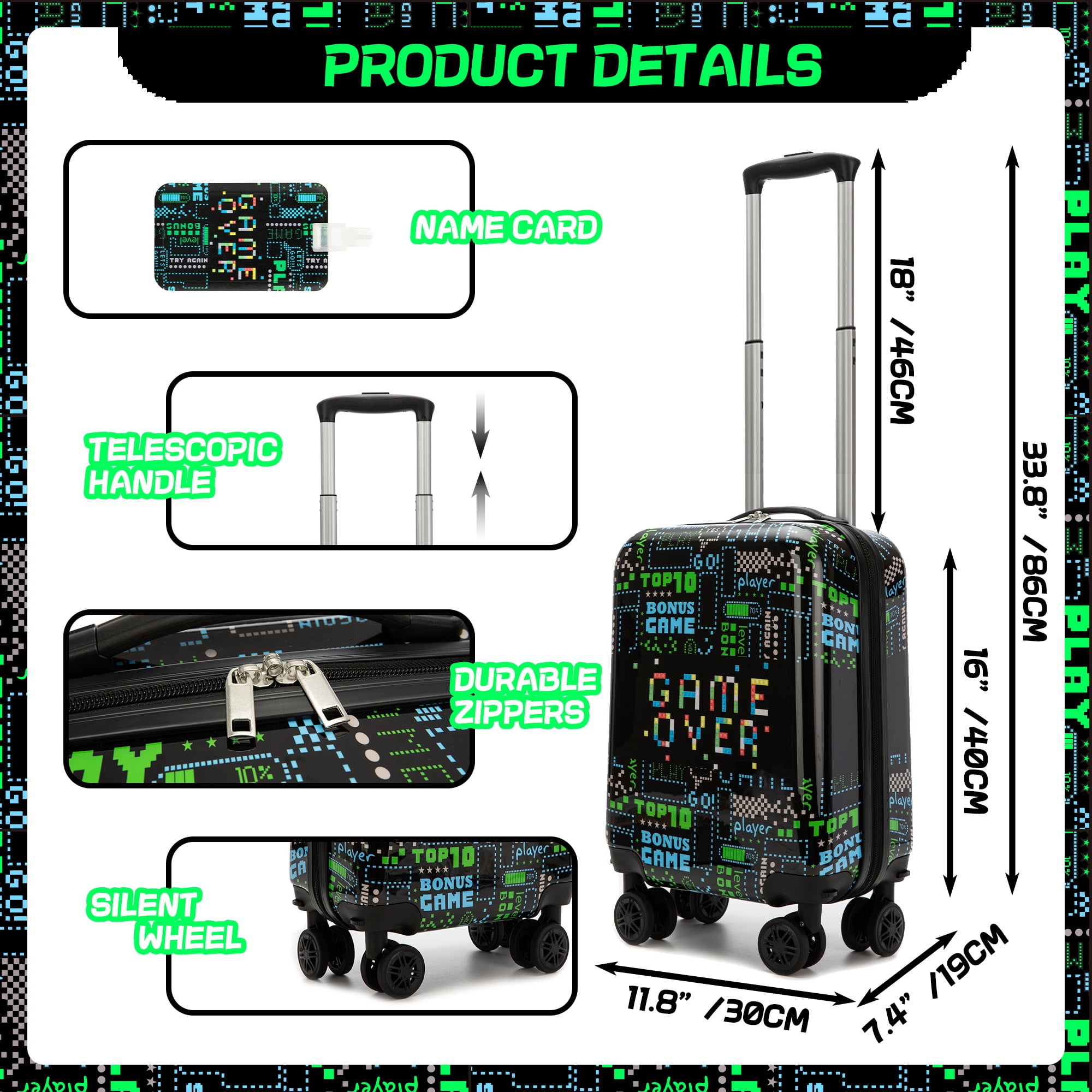 Kids Carry on Luggage Sets 3 Piece Rolling Suitcases for Boys with Wheels Duffle Bag for Travel Hardshell Suitcase with Travel Neck Pillow