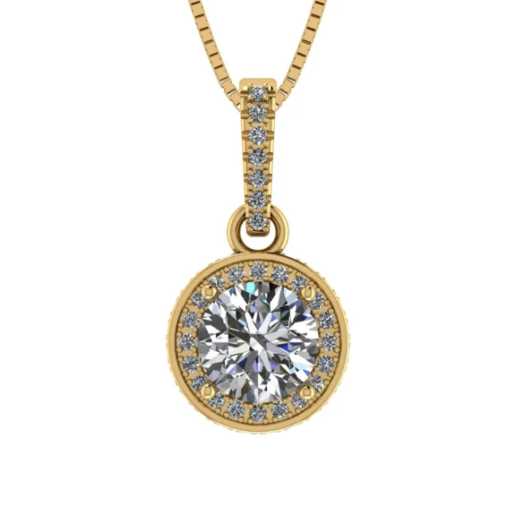 Round Halo Solitaire Necklace, Silver & Pure Brilliance Zirconia - 6.5mm Yellow Gold Plated - 1.00ct