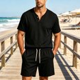 thumbnail image 2 of Stamzod Mens 2 Piece Short Set Summer Beach Outfit V-Neck Short Sleeve Linen Shirt and Shorts Sets Casual Track Suit, 2 of 5