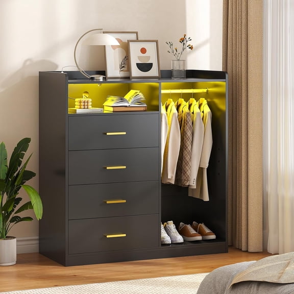 Meteorleg Dresser with Clothes Rack,4 Drawers Dresser with Charging Station & LED Lights,Modern LED Chests of Drawers for bedroom Living Room,Black