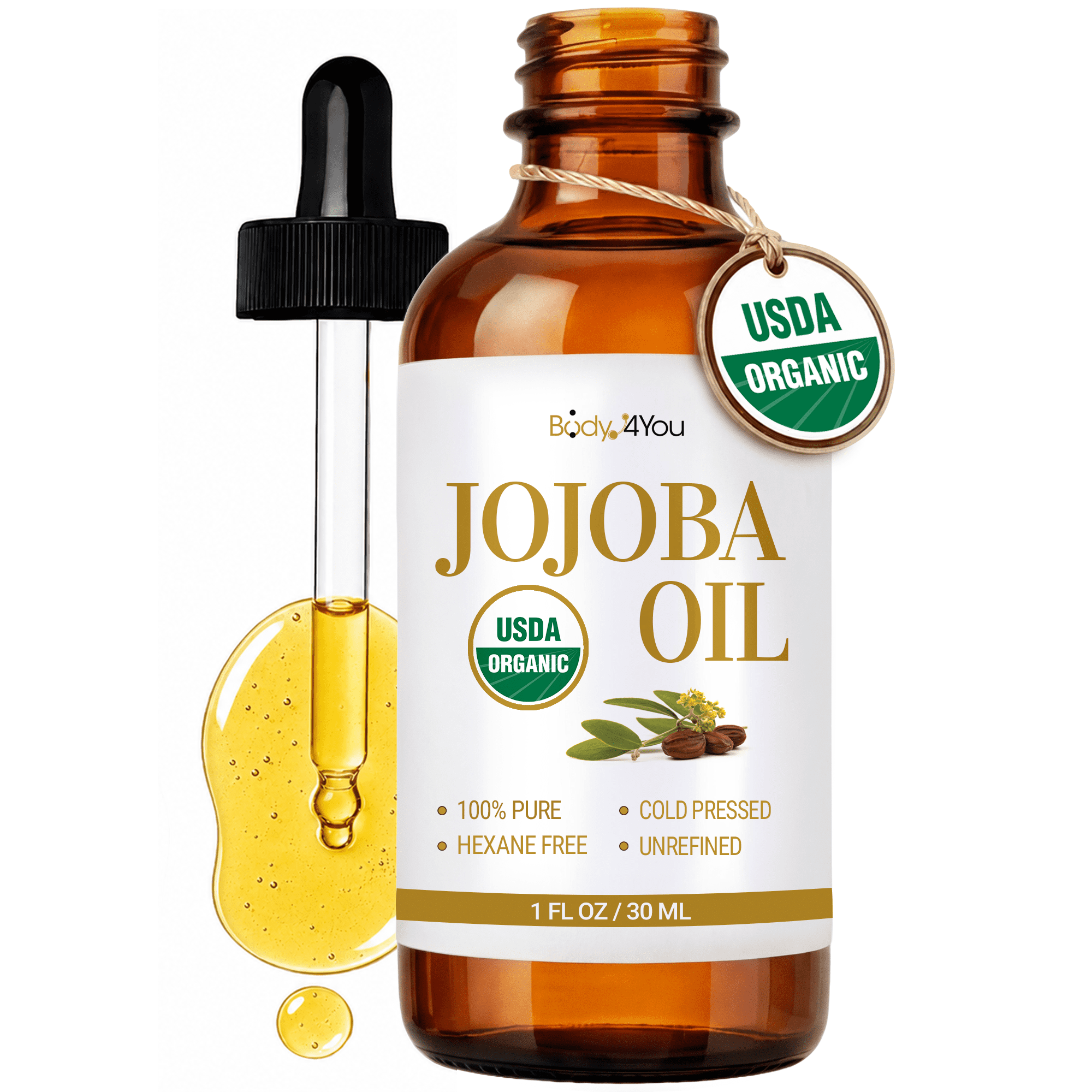 BodyJ4You Organic Jojoba Oil USDA Cold-Pressed for Skin Hair Face Gua Sha 1 fl oz