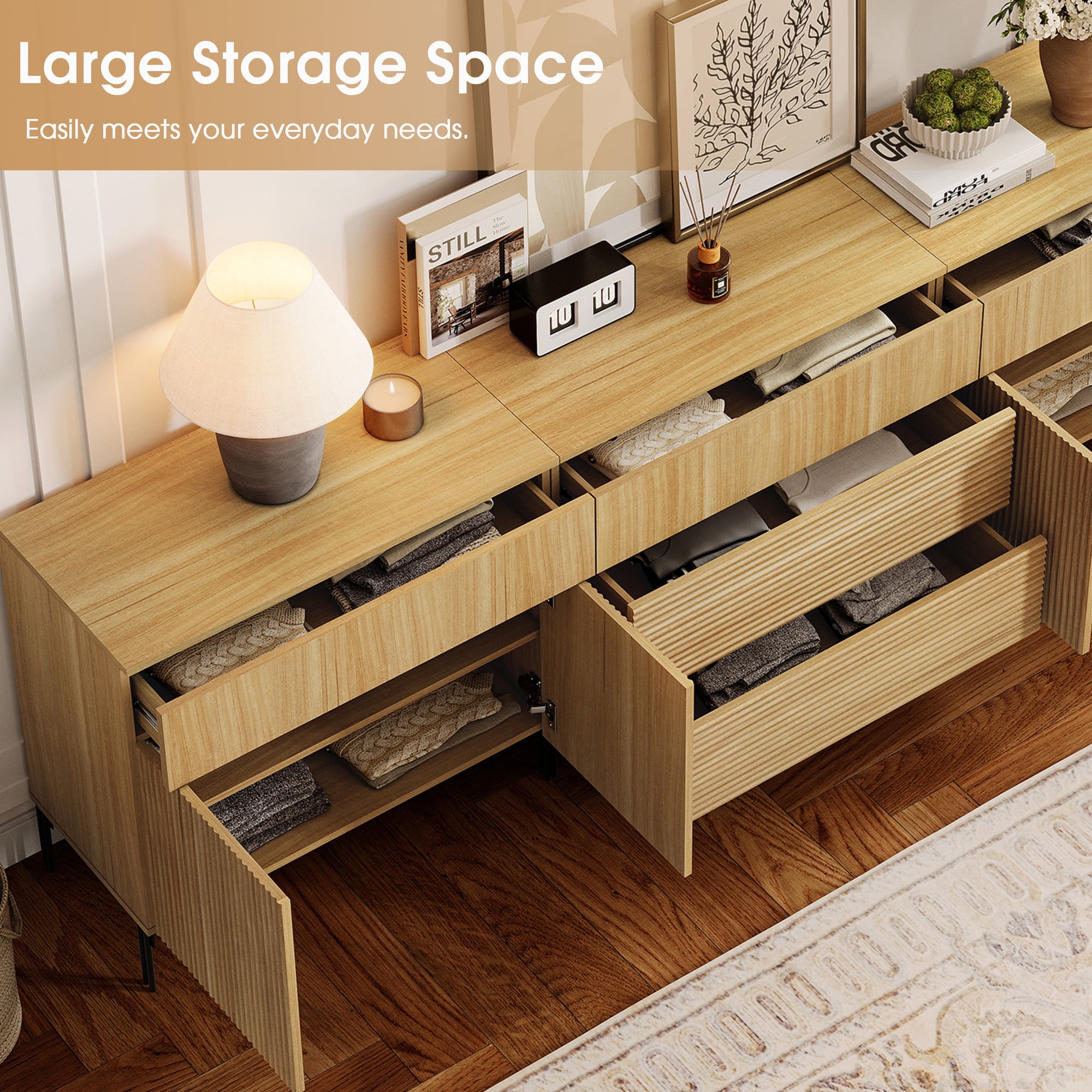 94.5" Modern Reeded Minimalist Sideboard with Drawers and Doors, 3-In-1 Wooden Credenza Storage Cabinet for Kitchen, Dining Room
