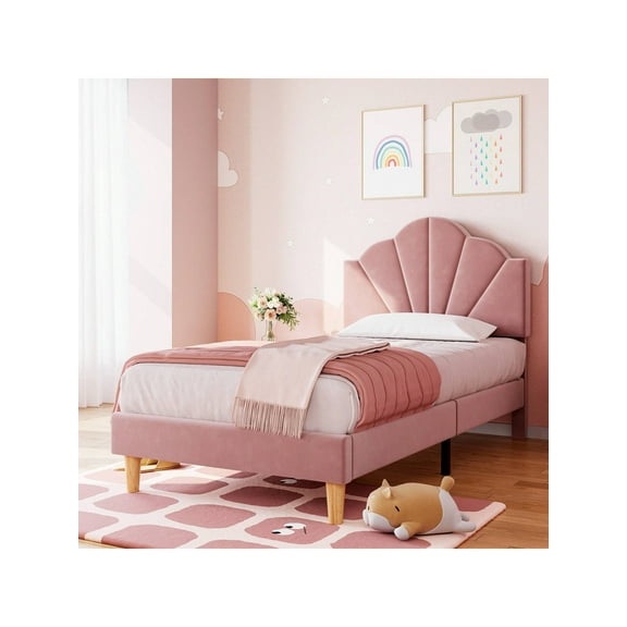 Twin Size Bed Frame, Velvet Upholstered Platform with Adjustable Headboard, Wood Slats, Metal Frame, Pink