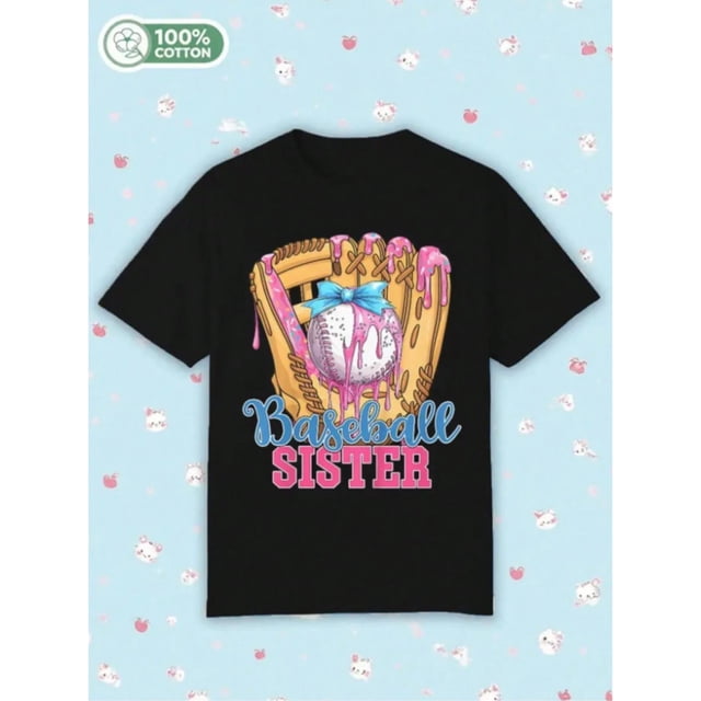 Baseball Sister Funny Baseball Ice Cream Drip Big Sister T-Shirt Summer Cute Kawaii Tops Crewneck Girls Boys Short Sleeve T Shirts Kids Child Children Teenage Shirts Unisex Clothes Tee 4-13 Years Kid