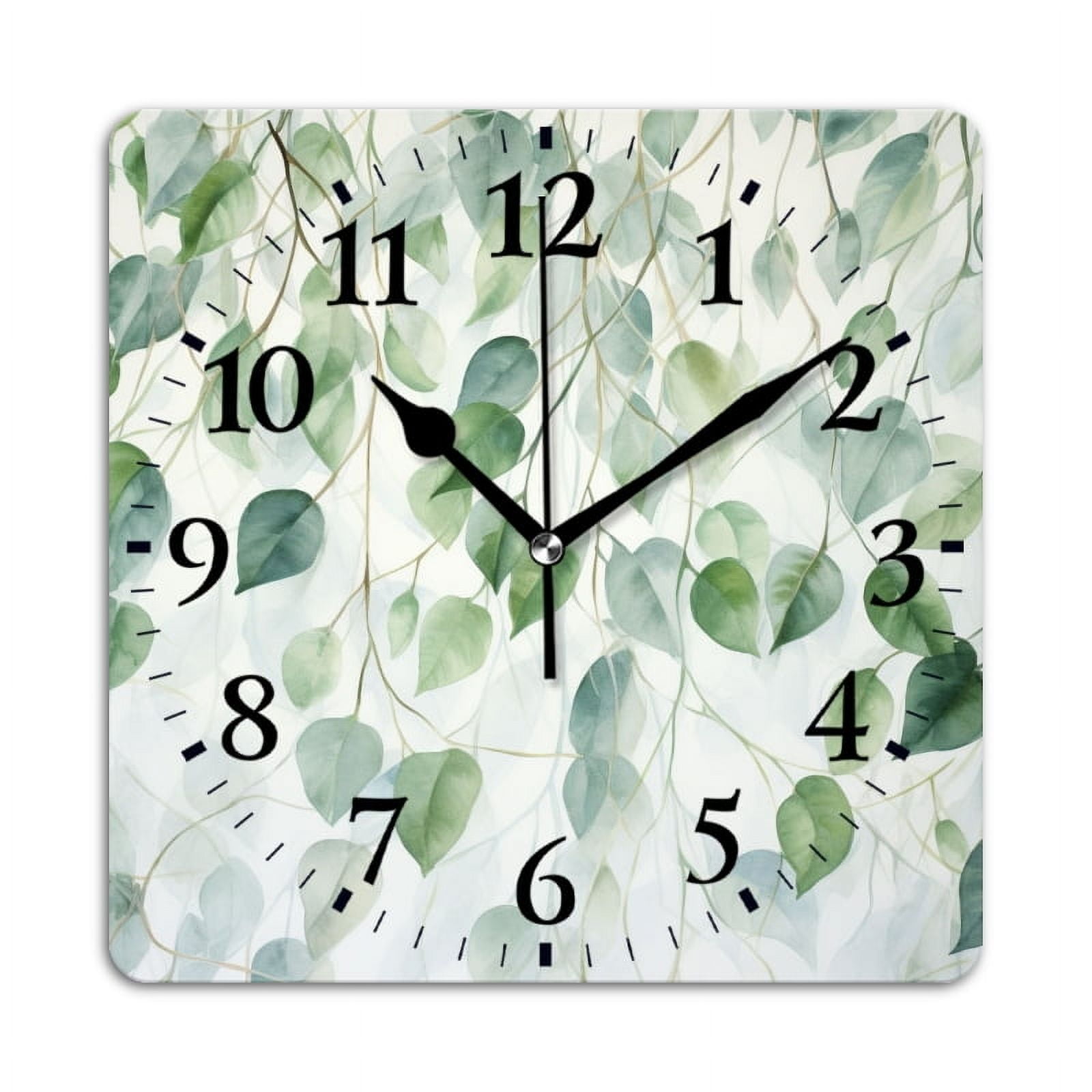 Square Wall Clock,Watercolor Hanging Leaves Mural In Green And White Color Scheme,Silent Non-Ticking Wall Clock Decor for Home Office Kitchen Living Room Bedroom(10inch)