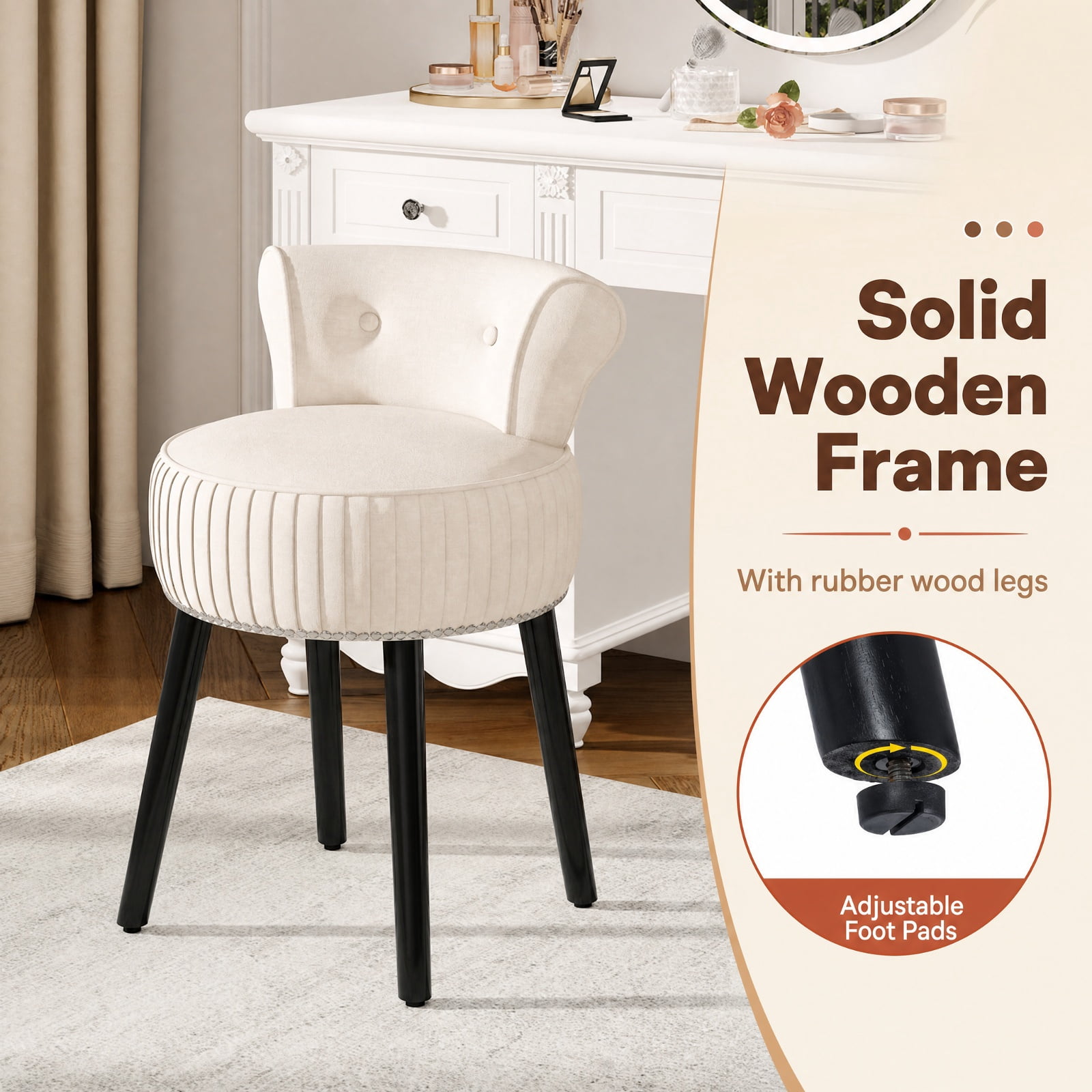 Furnibear Velvet Vanity Chair Upholstered Stool with Tufted Back and Wood Legs