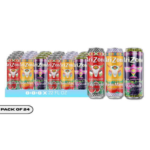 AriZona Juice Cocktail Variety Pack, 22 fl oz Cans (Watermelon, Mucho Mango, Grapeade) – 24 Count