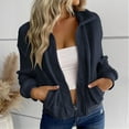 thumbnail image 2 of Women's Fleece Lined Winter Coat Long Sleeve Lapel Zip Up Jacket with Pockets Navy L, 2 of 6