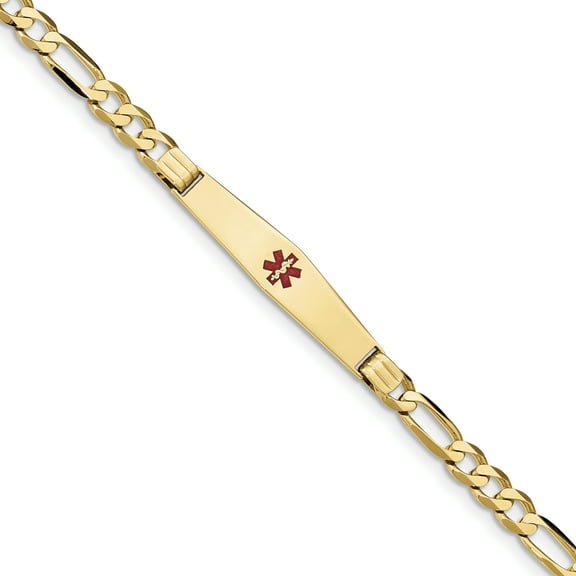 14K Medical Soft Diamond Shape Red Enamel Figaro ID Bracelet (Weight: 10.16 Grams, Length: 7 Inches)