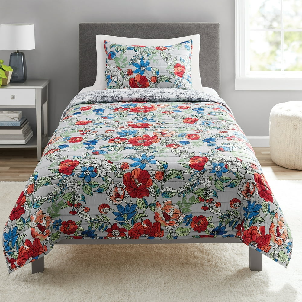 Mainstays Grey Floral Reversible QuiltinaTote Bed Set, Twin/Twin XL