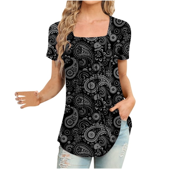 Fesfesfes Womens Shirt Women's Fashion Comfortable Casual Square Neck Short Sleeve Print Top Blouse Short Sleeve Tops Women M(US:6)
