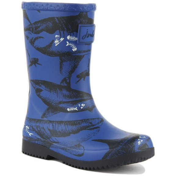 Joules JNR Roll Up Kid's Shark Print Wellington Boots In Blue Size 9