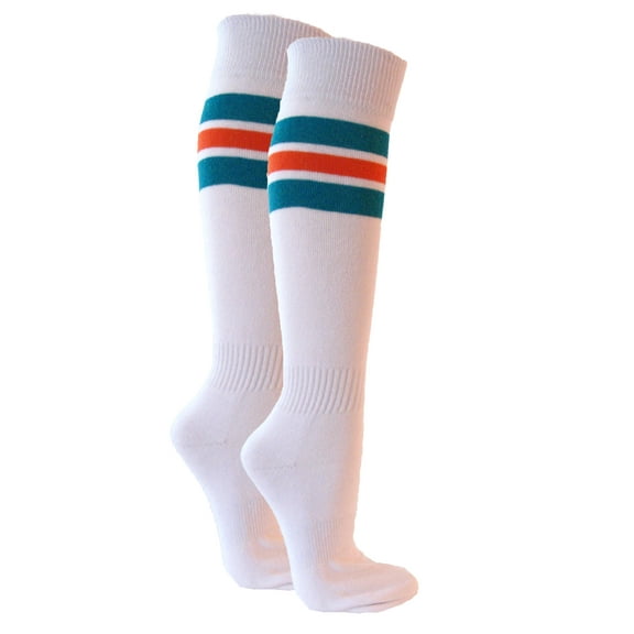 Couver Unisex White Triple Stripes Baseball Softball Athletic Tube Knee High Socks, Teal / Dark Orange Medium, 1 Pack