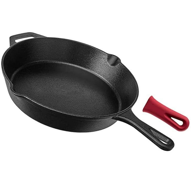 Sartén de Hierro Fundido,Sartenes Antiadherentes Freír, Distribución Uniforme del Calor, Sarten Hierro Fundido con Funda Protectora de Mango, para Freír Saltear Pizza Filete (26cm)