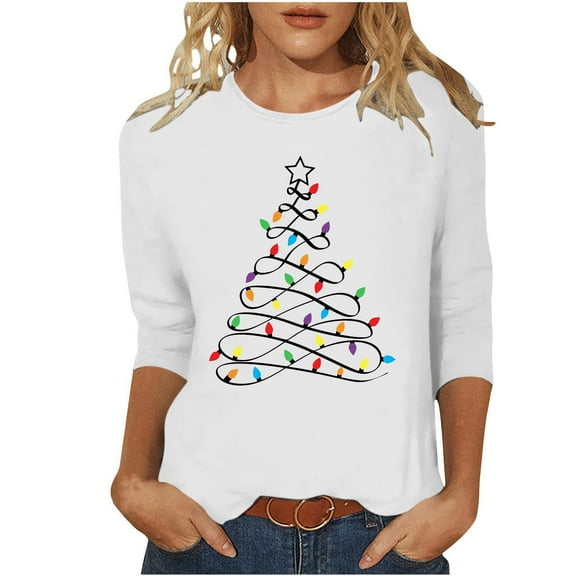 Plus Size Christmas Clothes Womens 3/4 Sleeve Crew Neck Tops Xmas Tree Light String Printed Holiday Tee Tshirts (XL, White)