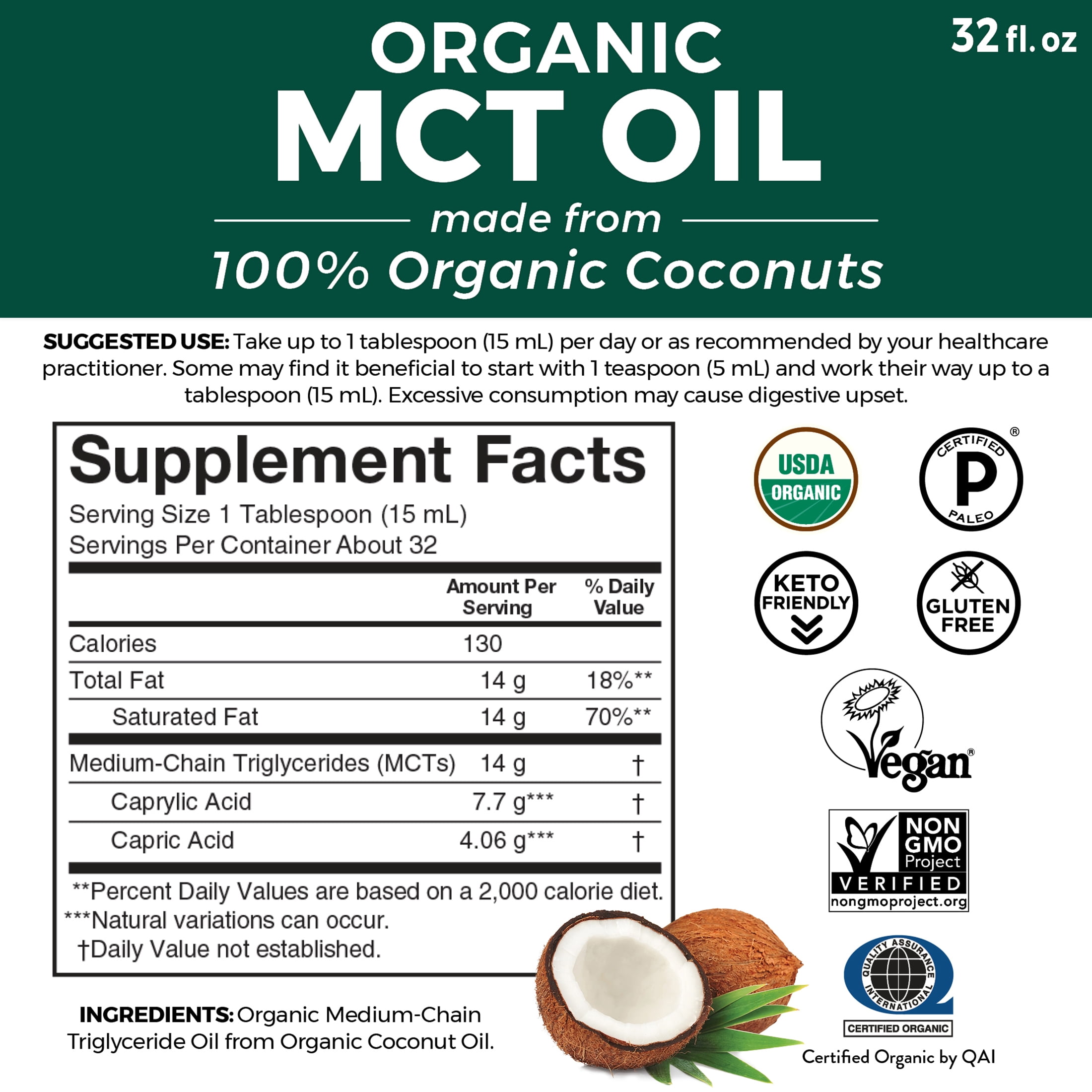 Viva Naturals Organic MCT Oil, 32 fl oz (1 QT) 946 mL
