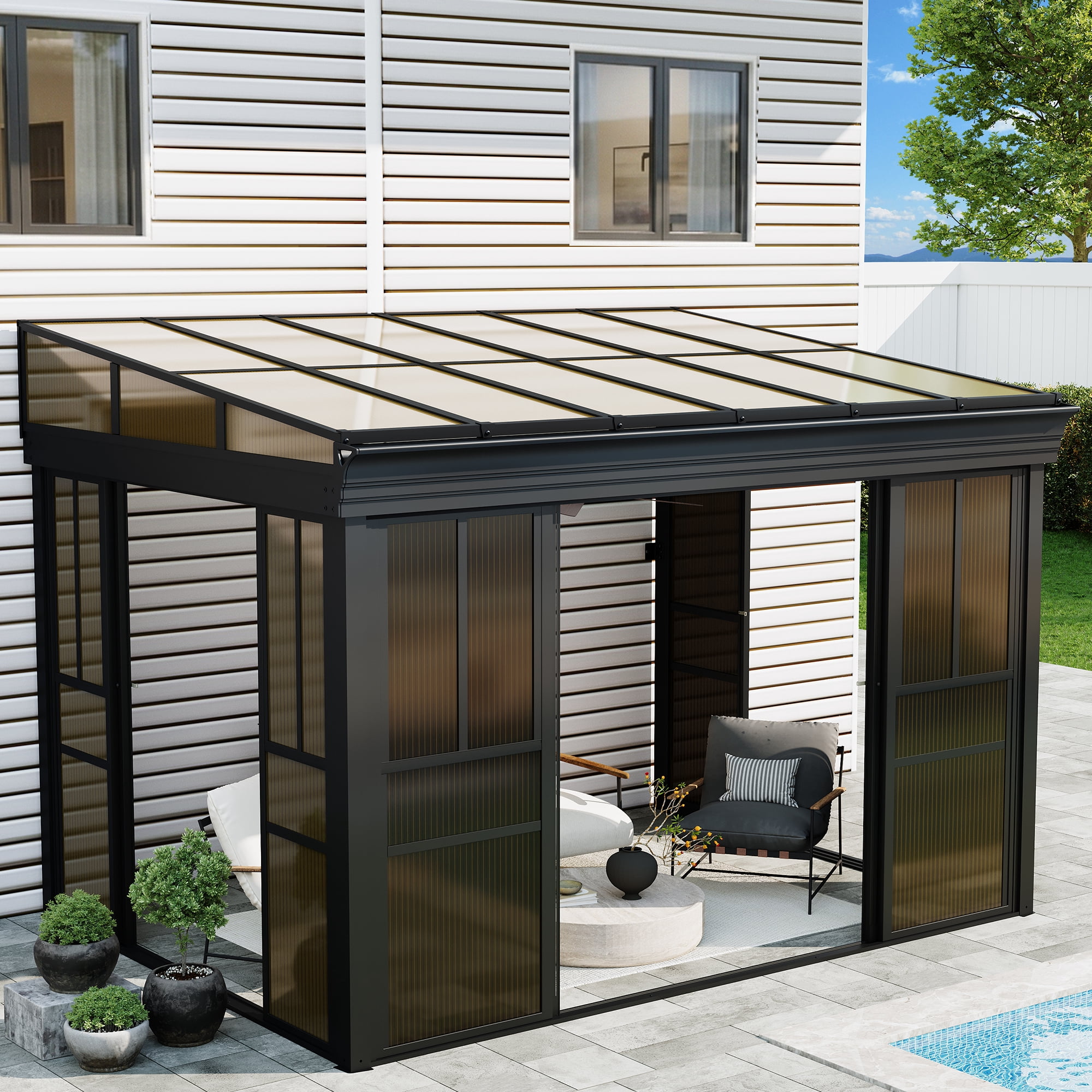 Erinnyees 8' x 12' Wall Mounted Sunroom Gazebo,All-Season Patio Gazebo Sunroom with Side Door,Outdoor Permanent Sunroom,Grey