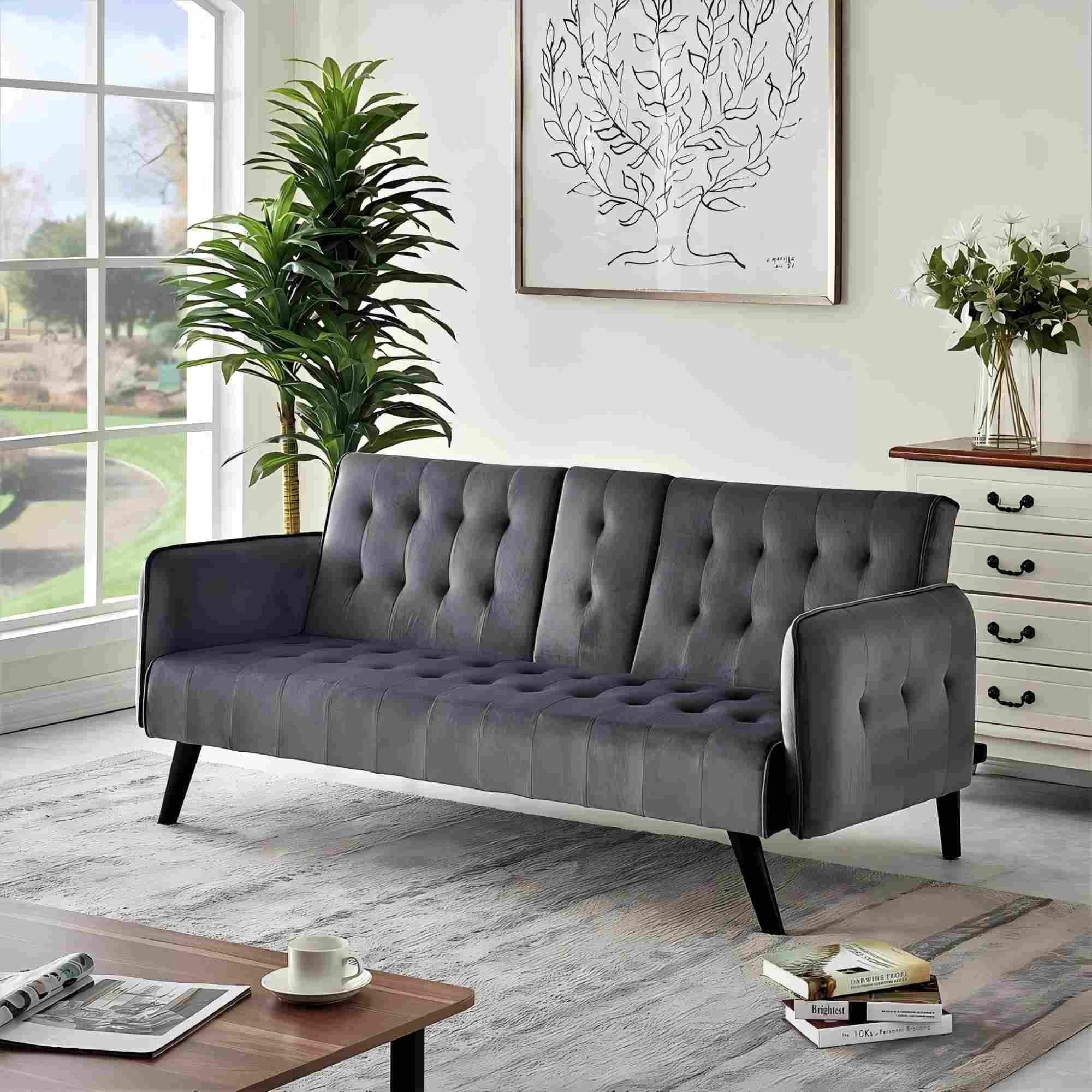 BSHTI 72" Linen Sleeper Sofa Bed with Folding Backrest,Adjustable Back,Drop-Down Table with Cup Holder for Living Room（Dark Gray）