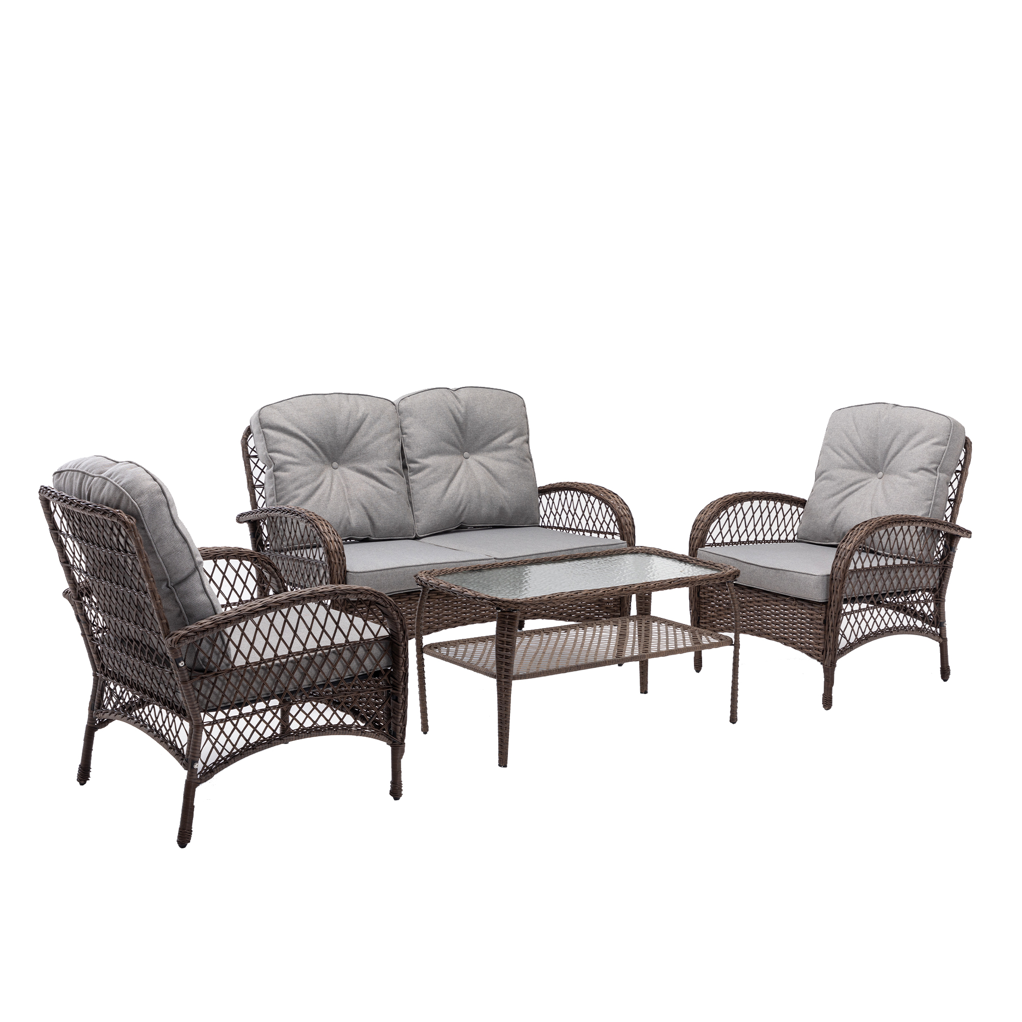 4 Pieces Outdoor Wicker Conversation Set, All-Weather Rattan Patio Furniture Sets with Arm Chairs, Tempered Glass Table, Cushions, Sectional Sofa Set for Backyard, Garden, Poolside, TR07 - image 3 of 9