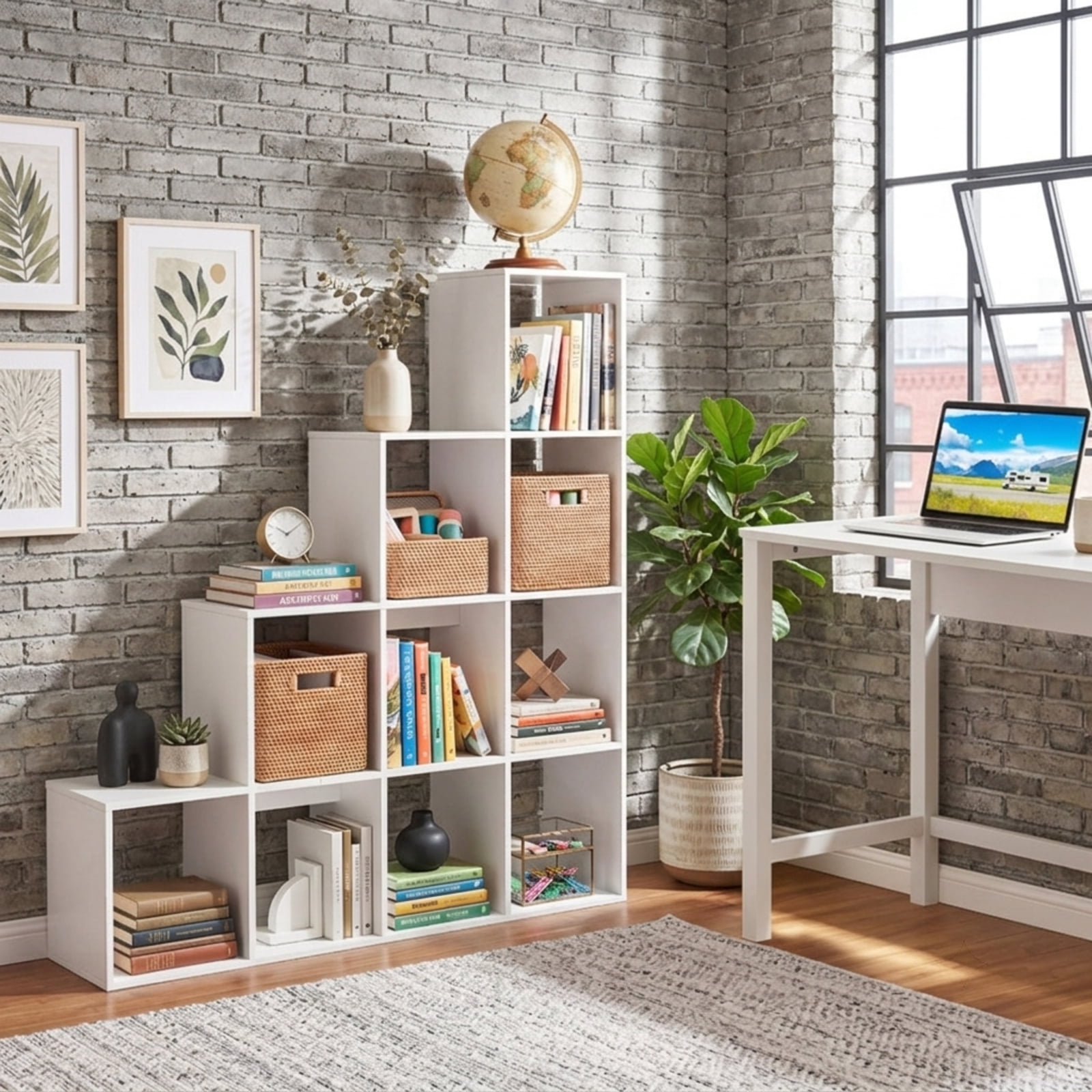 Furnibear 4-Tier Tall White Bookshelf with 10 Open Cubes Anti-Tipping Kits and Screw Hole Covers for Home Office and Living Room, White