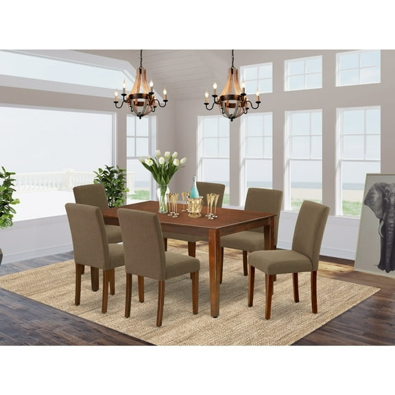 Gothic Dining Set 7Pc - Rectangle Table & 6 Chairs - Elegant Linen Fabric & Mahogany Legs - Glamour Dining Room Furniture