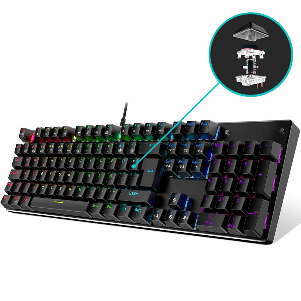 Color : Black Typewriter Mechanical Keyboard Wired 104 Keys Colorful Rainbow LED Backlit Gaming Keyboard with Removable Hand Rest for Gamer Computer Keyboard 
