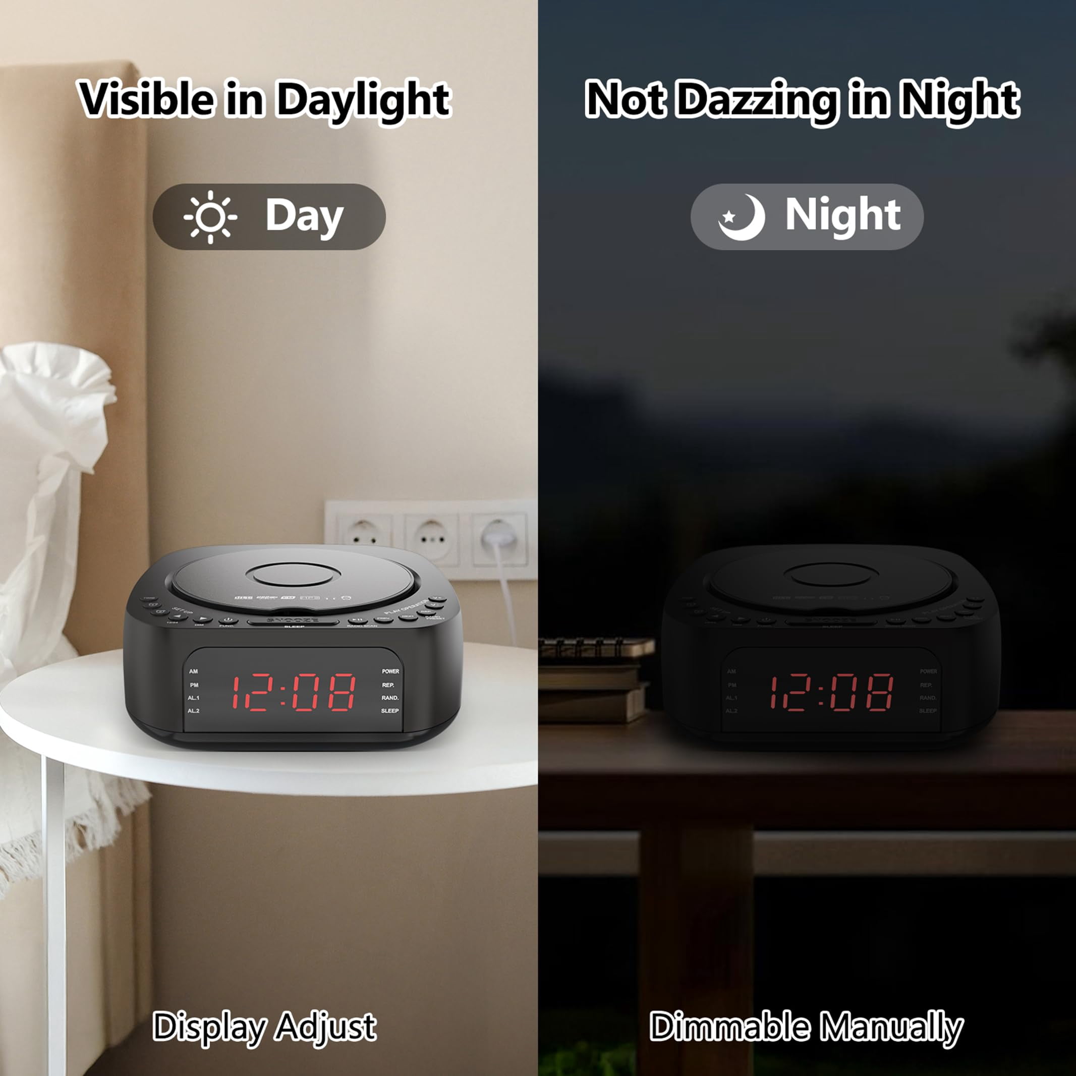Nidemao CD Player Alarm Clock with Remote Control: Supports CD/MP3 playback, Bluetooth, FM radio, speaker, USB charging, and dimmable display. Suitable for bedrooms – dual alarm clocks, selectable ri