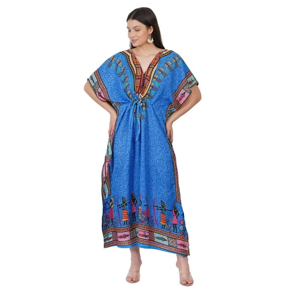 Women's Kaftan Dress Beach Cover Up Tribal Ethnic Print Plus Size Loose Kimono Maxi Dress - Color Blue African