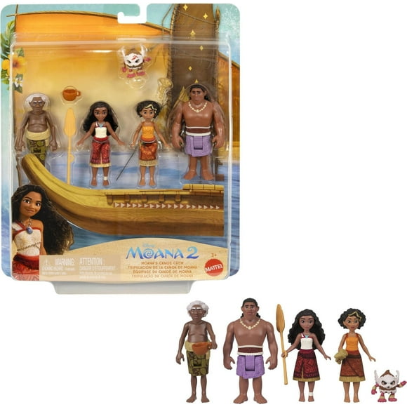 Jouets ​Moana 2 de Disney de Mattel, Équipage du canoë de Moana, coffret de jeu avec 5 petites poupées vêtues de tenues signature et 3 accessoires, inspiré du film