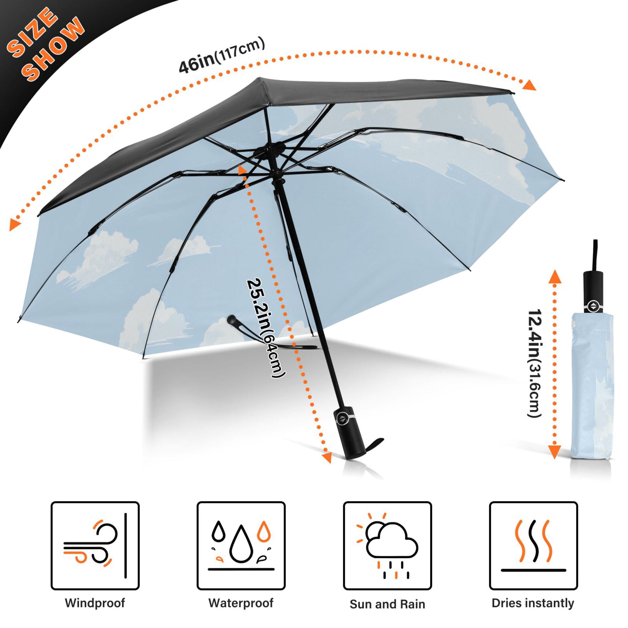Fluffy Clouds Extra Large Automatic Umbrella, UV Protection, Waterproof, Auto Open and Close