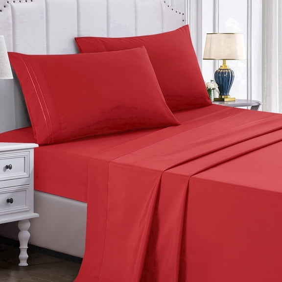 Red Twin Size 4 Pieces Sheet Set - Rich and Soft Hand in Hotel Luxury Style - Easy Care, and Resistant to Wrinkle, Color Fade and Stain (Red, Twin)