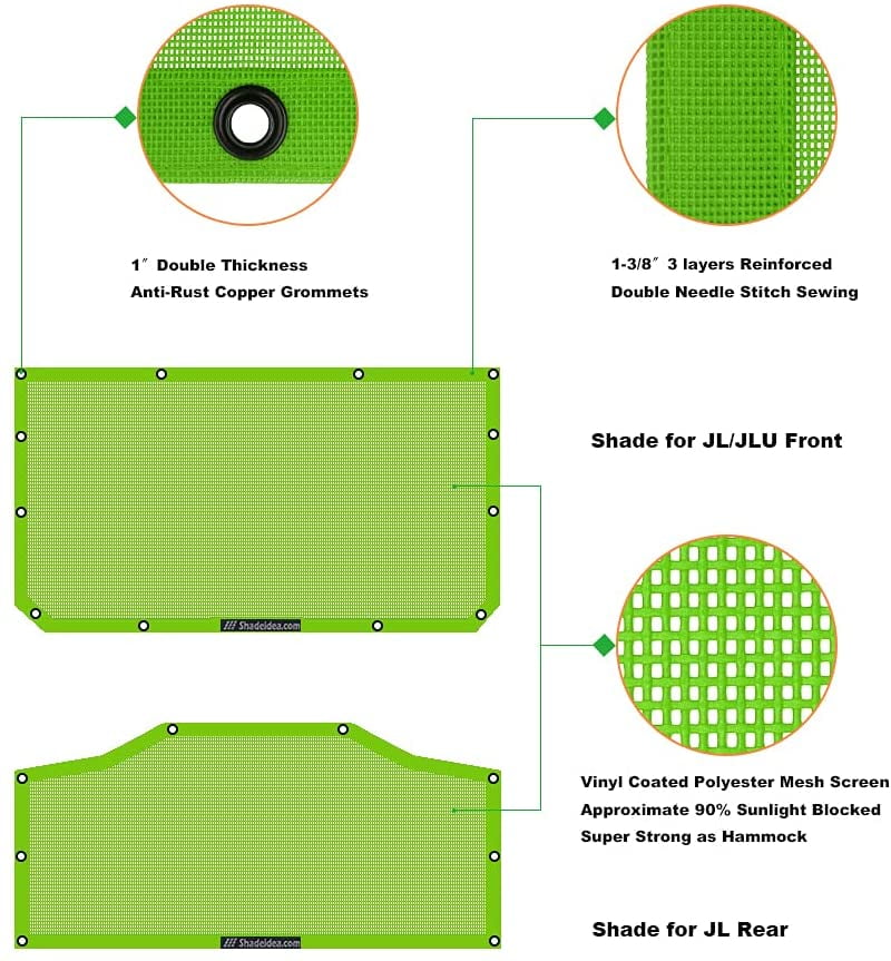 Shadeidea JL Sun Shade for Jeep Wrangler 2 Door Top Sunshade ( 2018 - Current ), Front & Rear - Green Mesh Screen Wrangler Cover, UV Blocker with Grab Bag Pouch - 10 Years Warranty