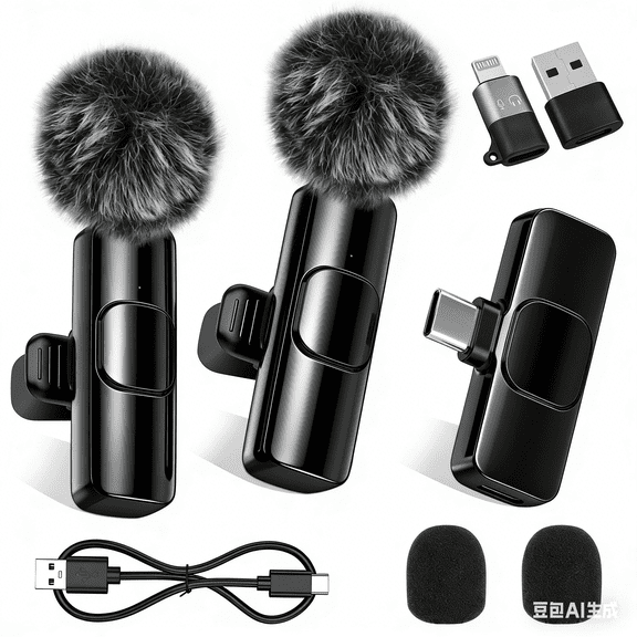 4 in 1 AILKIN 2Pack Wireless Lavalier Microphones for iPhone Android,Plug-Play Mini Microphone,Noise Reduction,Clip on Lapel Mics for Video Recording Vlog,TikTok,YouTube,Interview,Black